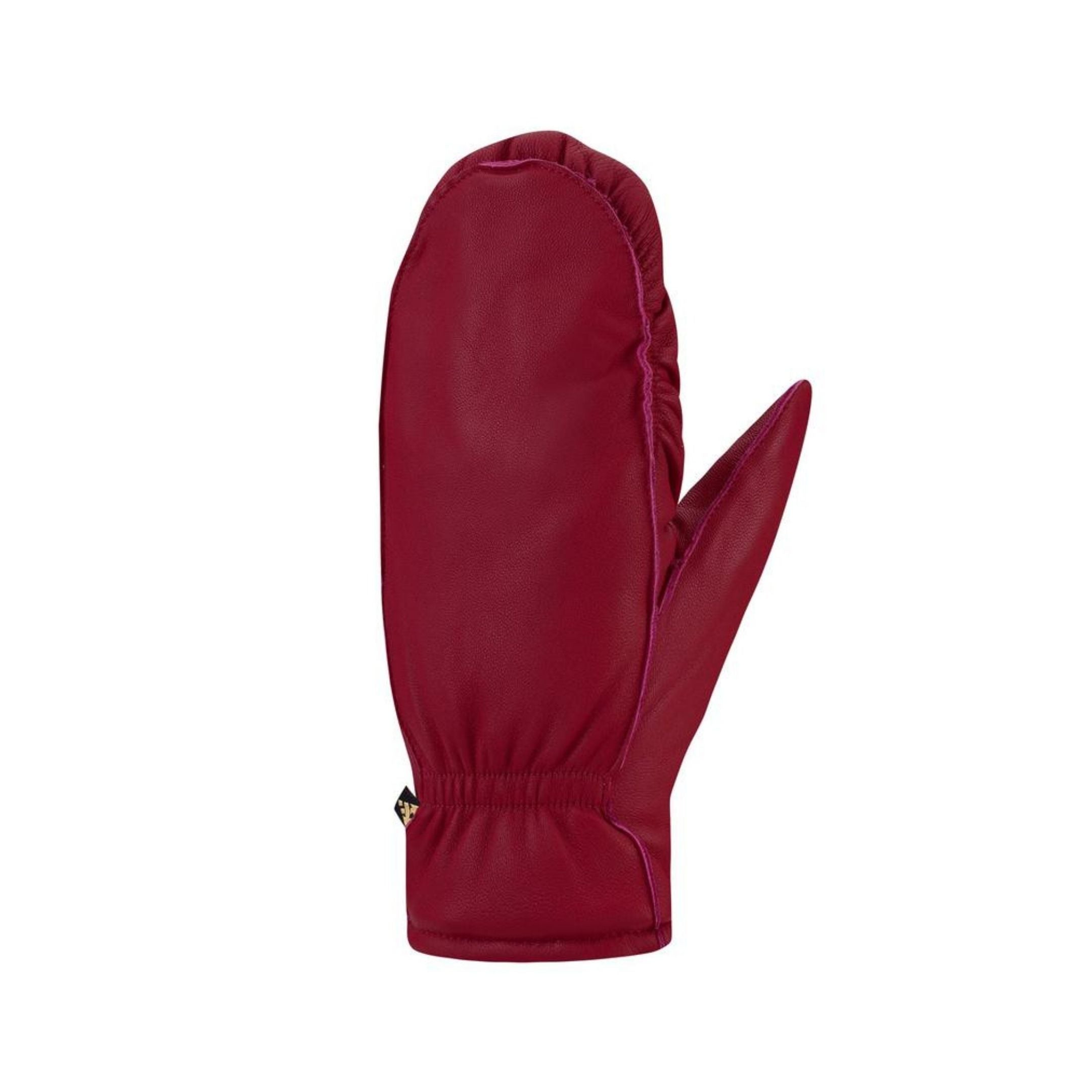 Top view of cranberry red leather mittens. 