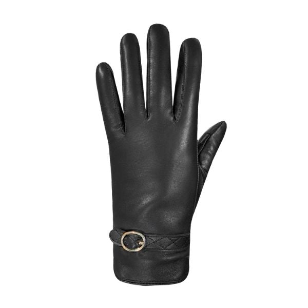 Top view of black leather gloves with quilted leather strap and adjustable buckle at the cuff. 
