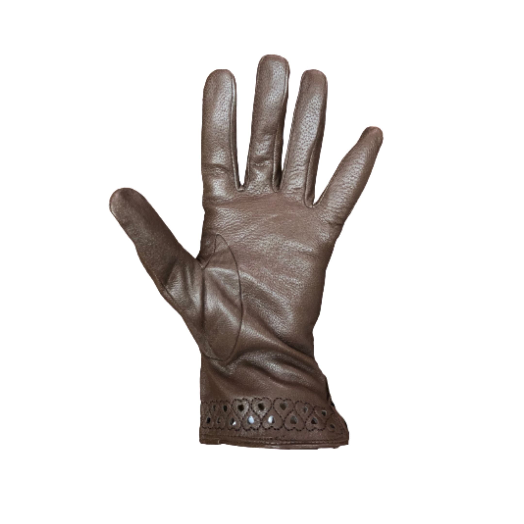 Palm side view of brown leather gloves with heart shaped stitching and cutouts along the cuff.