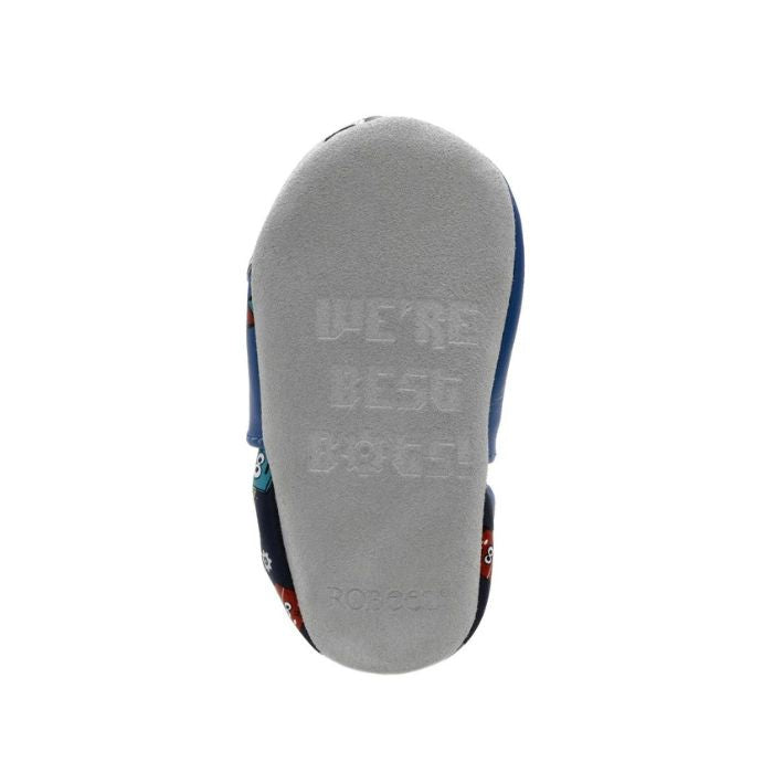Grey suede leather outsole with &quot;We&#39;re best bots!&quot; and Robeez imprinted on it.