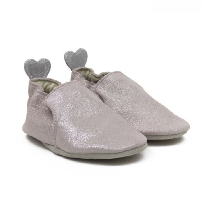Pink glittery baby shoes with grey outsoles and stars on the heels.