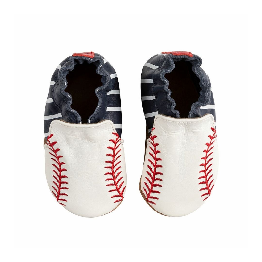Top view of Robeez Robinson soft sole baby shoes showing baseball stitching on toe and elasticized striped heel for secure fit.