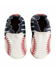 Top view of Robeez Robinson soft sole baby shoes showing baseball stitching on toe and elasticized striped heel for secure fit.