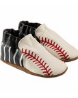 Robeez Robinson soft sole baby shoes with white leather front and red baseball stitching, featuring black and white striped heel design.