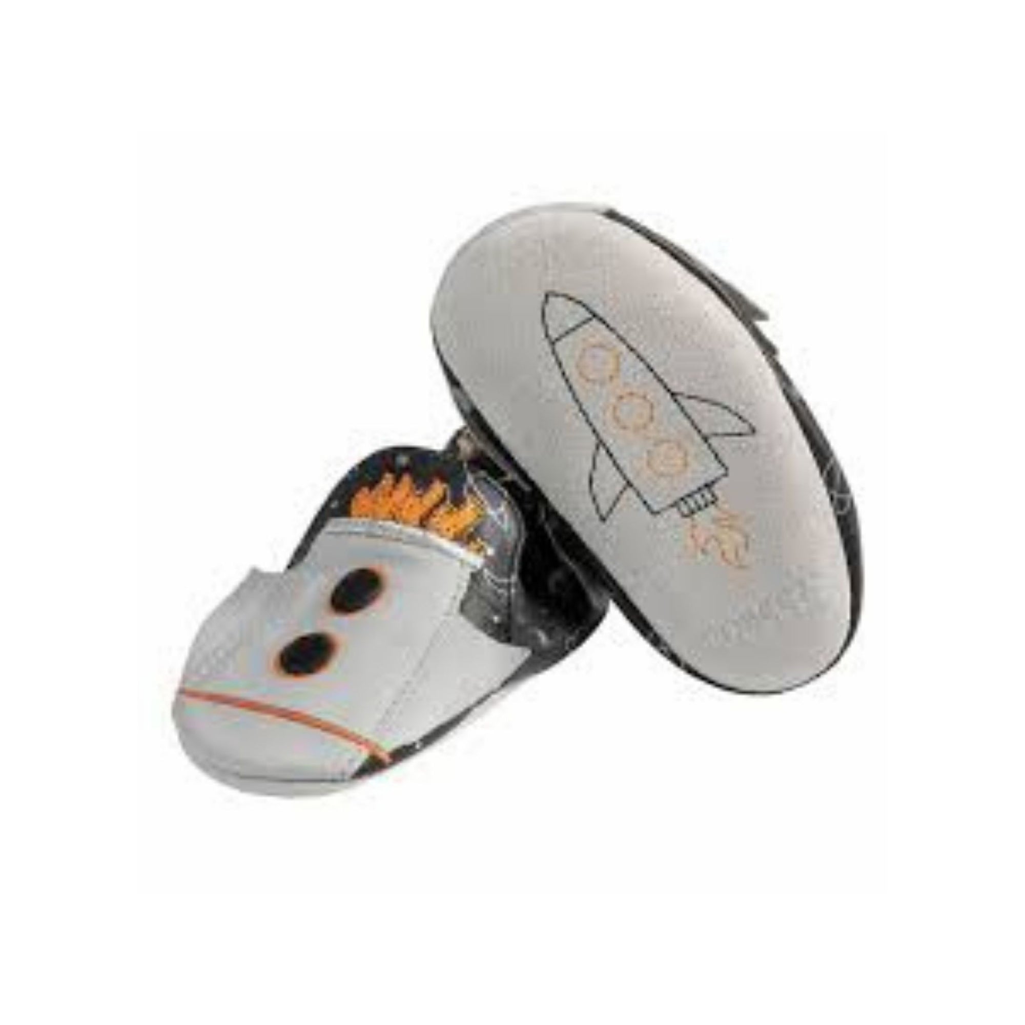 Left shoe shoes Rocket ship on toe and right shoe tilted up showing grey sole and a rocket ship embroidered on it