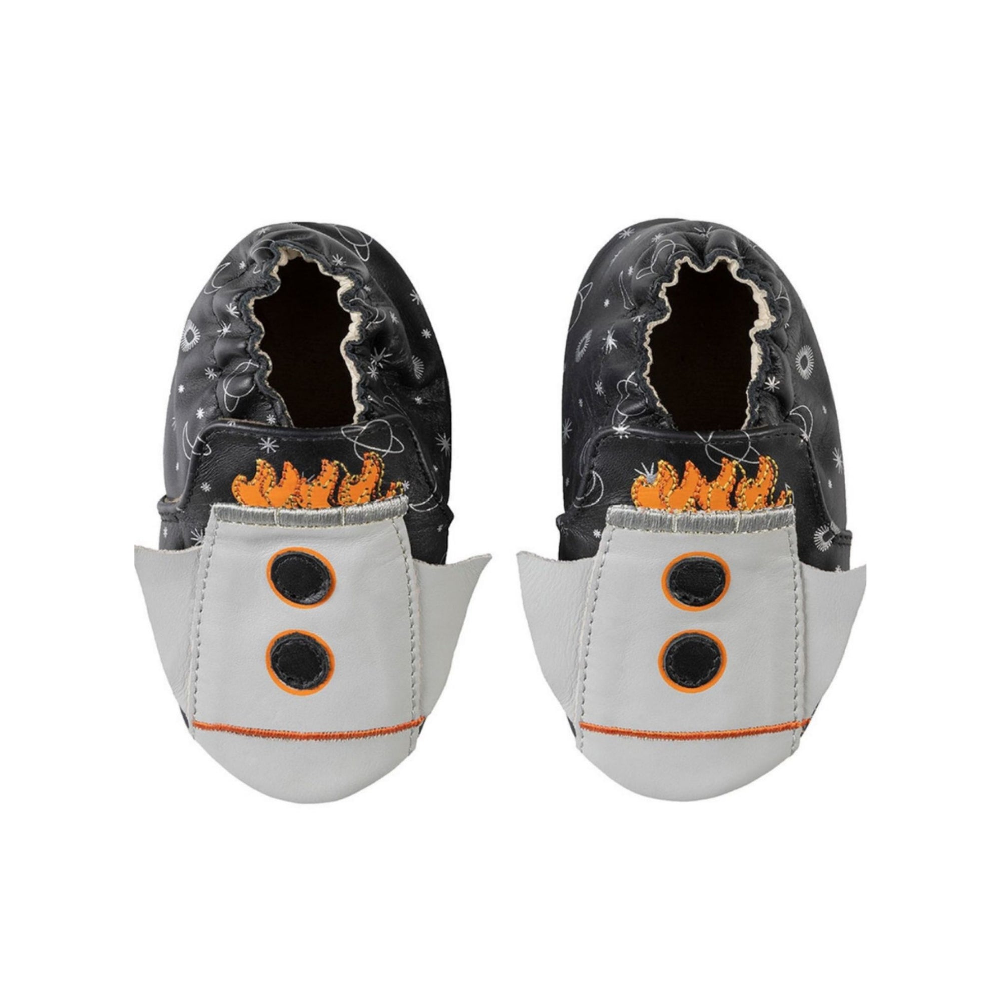 Top view of Robeez soft soles with black space design and rocket ships on toes