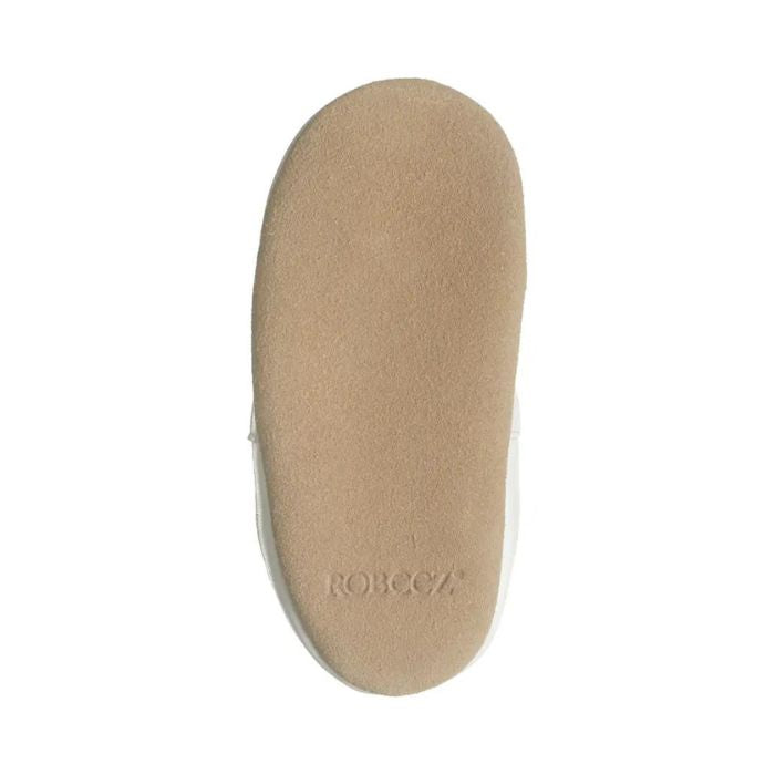 Beige suede leather outsole with Robeez logo imprinted on heel.