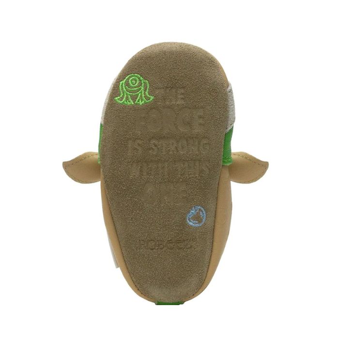 Brown suede leather outsole with &quot;The force is strong with this one&quot; and Robeez logo imprinted on it.