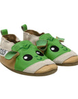 Brown and green leather baby shoes that look like Baby Yoda.