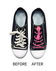 Before and after comparison of shoes using Moneysworth & Best Elastic Bungee Lace, showing transformation to no tie convenience.