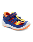 Navy fisherman sandal with yellow and orange accents.