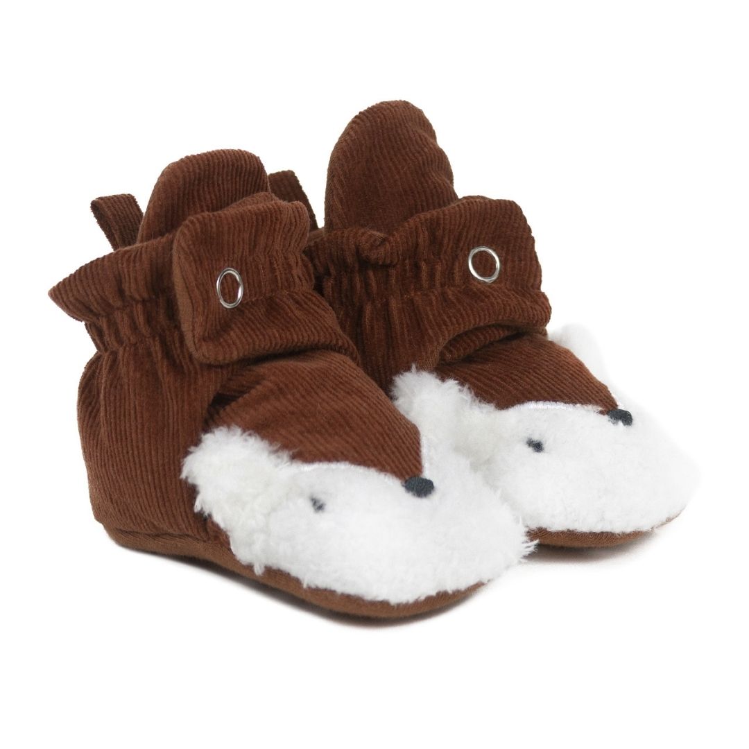 Brown fox booties with snap closure and white furry fox face on toe.