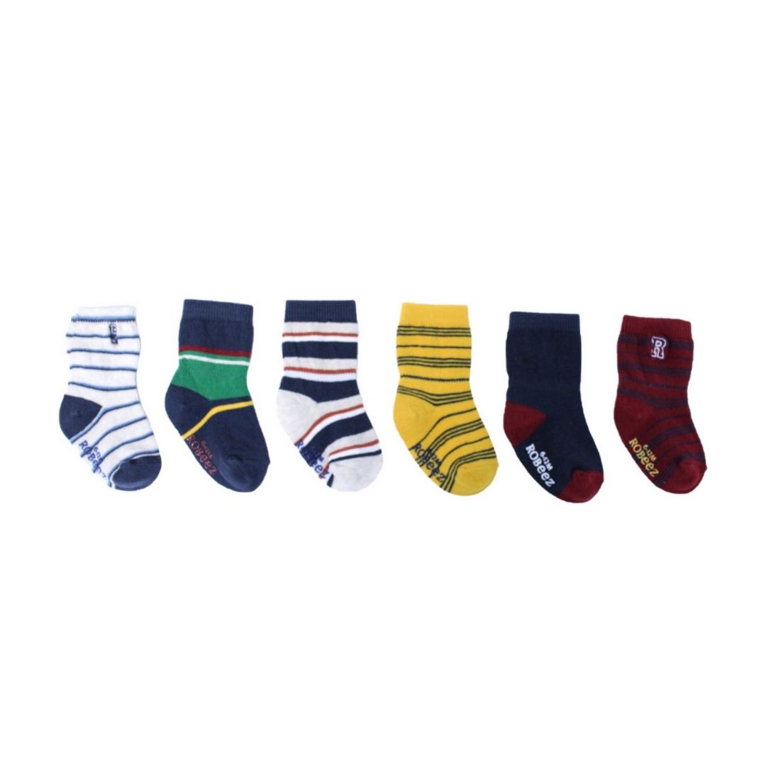 Baby Robeez 6 pack socks with colorful sports-themed stripes, featuring non-skid soles and elastic ankles for secure toddler wear.