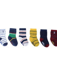Baby Robeez 6 pack socks with colorful sports-themed stripes, featuring non-skid soles and elastic ankles for secure toddler wear.