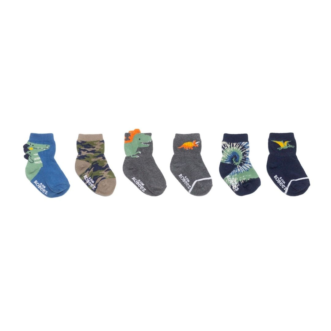 Baby Robeez 6 pack socks with dinosaur designs, crafted from soft cotton blend with non-slip soles for safe and comfy toddler steps.