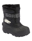 Black winter boot with velcro strap, black rubber foot and faux fur trim
