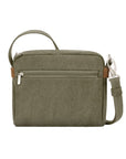 Back view of olive green Travelon Anti-Theft Heritage Crossbody showing rear zippered pocket and durable canvas material.