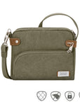 Olive green Travelon Anti-Theft Heritage Crossbody handbag featuring slash-resistant body and adjustable strap, sold by White-Balmer Shoes.