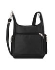 Back view of Travelon Anti-Theft Messenger Bag in black featuring multiple zippered compartments and adjustable strap.