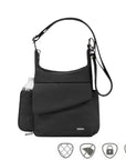 Travelon Anti-Theft Messenger Bag in black with crossbody strap, water bottle pocket, and RFID protection icons shown below.