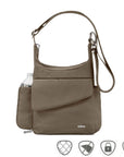 Travelon Anti-Theft Messenger Bag in taupe with anti-theft icons, water bottle holder, and sleek flap design for secure travel.