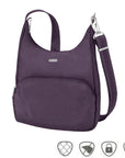 Travelon Anti-Theft Classic Messenger Bag in purple with RFID-blocking technology and secure zippers, stylish and functional for everyday use.