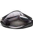 Interior of black Travelon Anti-Theft Small E/W Crossbody with organized compartments for cards, phone, and passport in light grey lining.