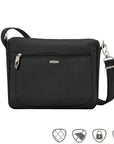 Black Travelon Anti-Theft Small E/W Crossbody with security icons, ideal for travel with RFID blocking and slash-resistant construction.