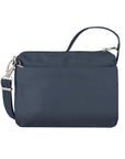 Back view of navy Travelon Anti-Theft Small E/W Crossbody featuring minimalist design and anti-theft strap for added security.