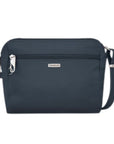 Travelon Anti-Theft Small E/W Crossbody in navy with front zipper and silver hardware, perfect for stylish and secure travel.