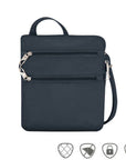 Navy crossbody bag with two front horizontal zippers with silver pull tabs.