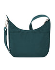 Back view of teal Travelon Anti-Theft Essentials East/West Small Hobo showing smooth, minimalist design and adjustable strap.
