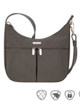 Travelon Anti-Theft Essentials East/West Small Hobo in gray with dual front pockets and anti-theft icons for travel convenience.