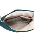 Interior of teal Travelon Anti-Theft 3 Compartment Crossbody featuring organized compartments and RFID-blocking card slots for safety.