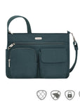 Teal Travelon Anti-Theft Essentials Patch Pocket Crossbody handbag featuring multiple compartments and anti-theft features for organized travel.