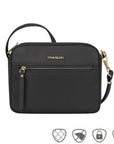 Travelon Anti-Theft Addison Small Crossbody Bag in black with gold-tone hardware, ideal for secure travel and daily use.