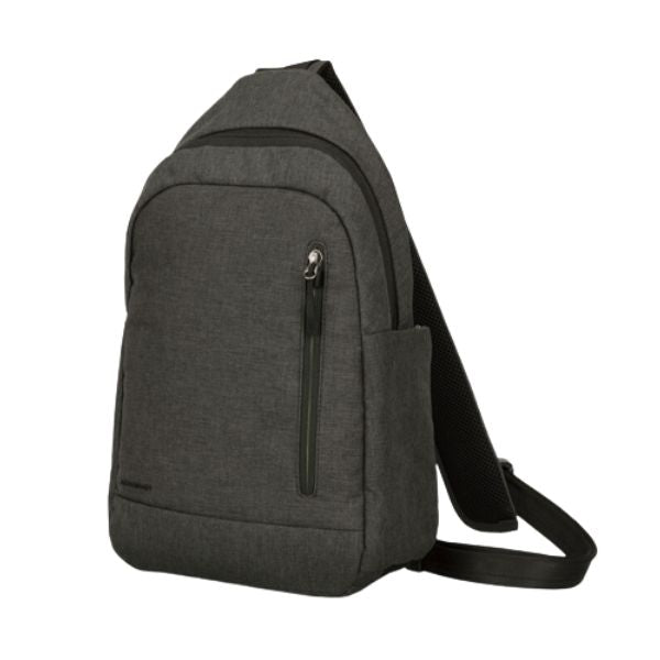 Grey sling backpack with front zipper by Travelon.