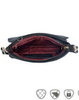 Inside view of Travelon's Addison convertible bag. Bag has red lining.