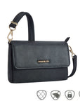Black half flap crossbody bag with gold Travelon logo emblem on front flap.