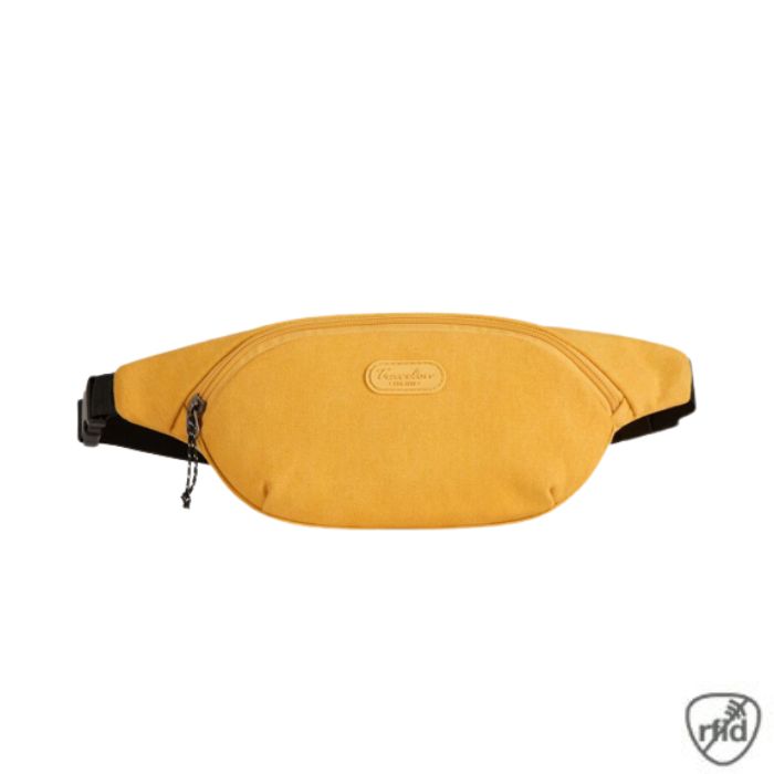 Yellow fanny pack with zippered closure and Travelon emblem on front.