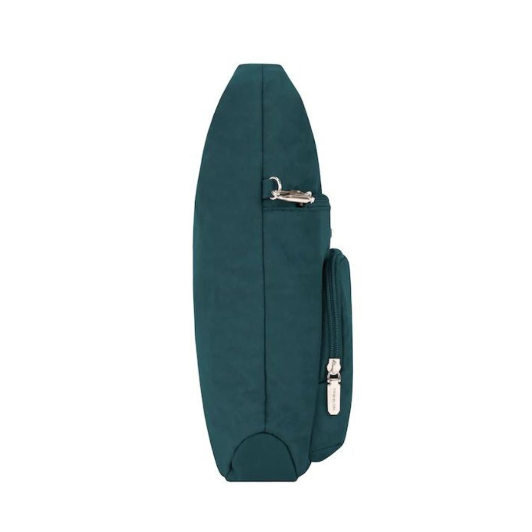 Side view of Travelon's crossbody bag in teal.