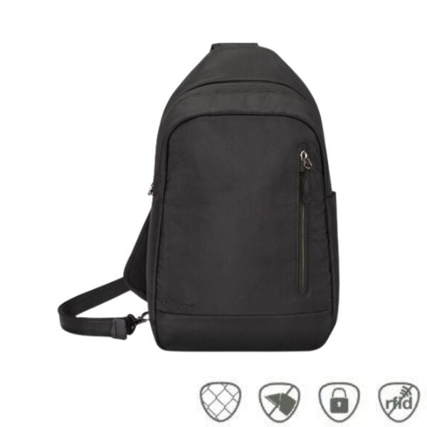 Black sling backpack with front zipper by Travelon.