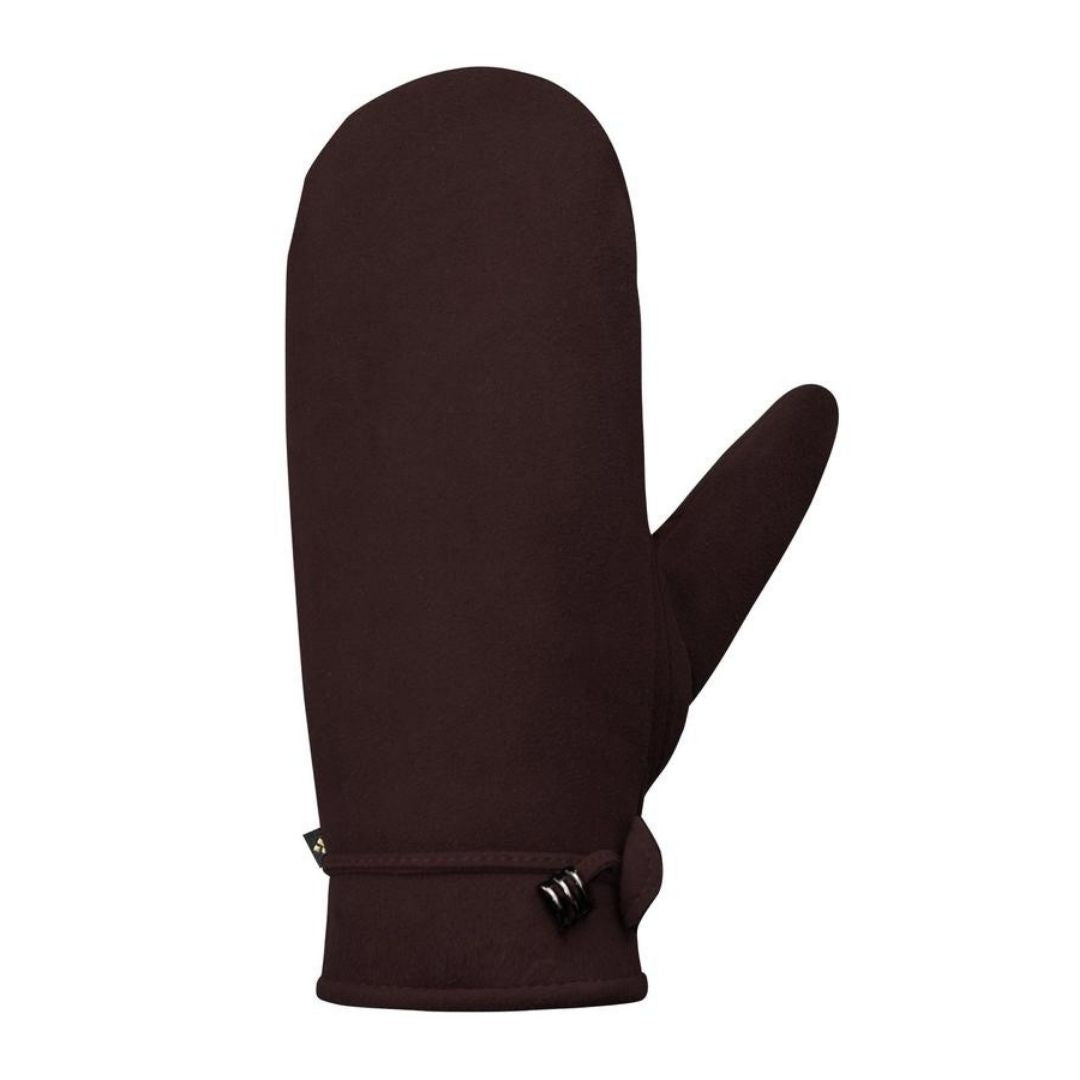 Brown suede leather mittens with drawstring at cuff.