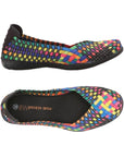 Side and top view of rainbow Bernie Mev Catwalk Ballet Flat showcasing colorful woven design and memory foam footbed.
