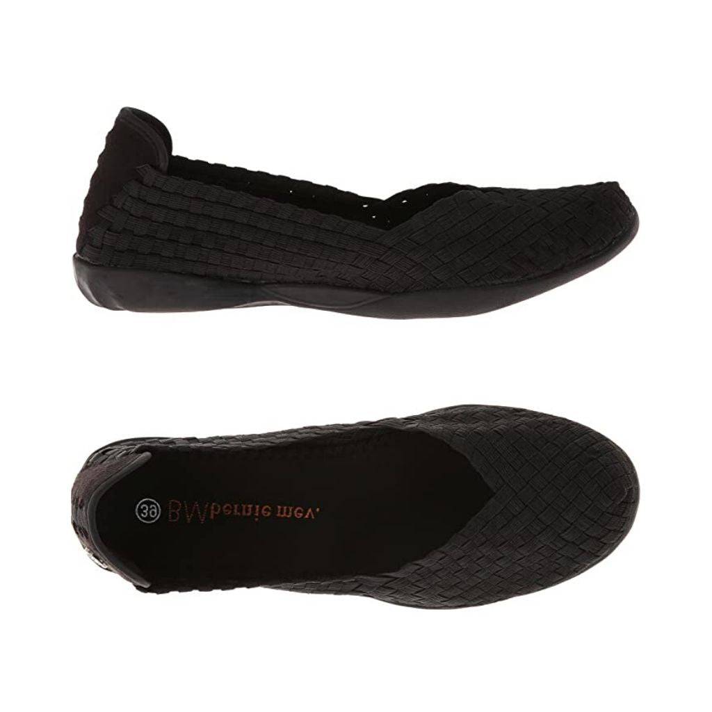 Side and top view of black Bernie Mev Catwalk Ballet Flat showing flexible vegan construction and ergonomic memory foam insole.