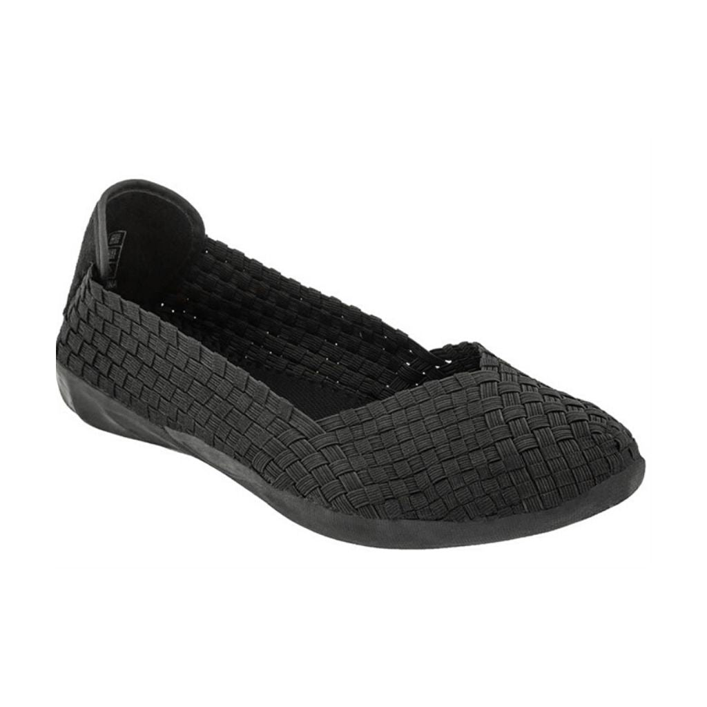 Bernie Mev Catwalk flat in black. The woven elastic upper is black, as is the outsole. 