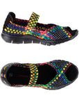 A pair of rainbow Bernie Mev sandals with woven elastic upper, a peep toe and strap across the top of the foot with a closed in heel, black logo'd footbed and a rocker bottom black outsole.