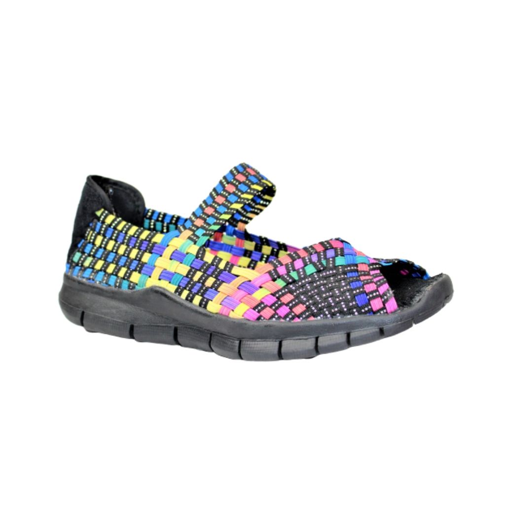 A rainbow Bernie Mev sandal with woven elastic upper,  a peep toe and strap across the top of the foot with a closed in black heel, and a rocker bottom black outsole.