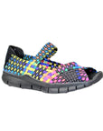 A rainbow Bernie Mev sandal with woven elastic upper, a peep toe and strap across the top of the foot with a closed in black heel, and a rocker bottom black outsole.