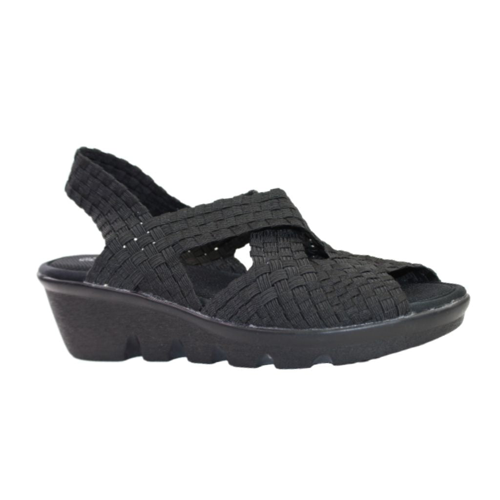 A black Bernie Mev Lihi Brighten sandal with woven elastic upper, a heel strap, an open toe and a black wedge outsole.